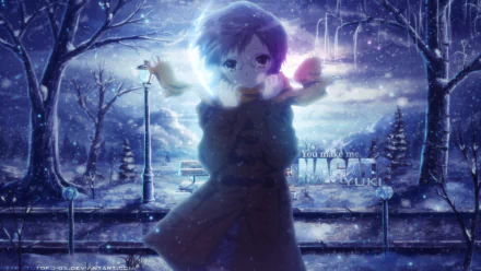 HD PC desktop wallpaper featuring Yuki Nagato from The Melancholy of Haruhi Suzumiya, set in a magical, snowy nighttime scene with glowing lights and a serene atmosphere.