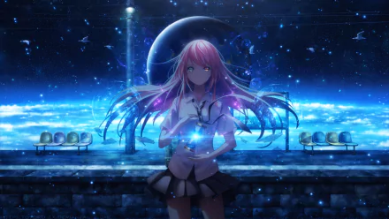 HD anime wallpaper of an original character with pink hair standing against a cosmic background. The starry night sky, ocean waves, and glowing lights create a mesmerizing and magical scene.
