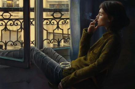 A woman sits alone by a window, smoking contemplatively. The artistic image captures a moment of introspection, with a softly lit background that enhances the scene's mood.
