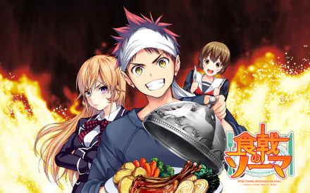 An HD wallpaper featuring Sōma Yukihira and Erina Nakiri from Shokugeki No Soma, showcasing intense culinary competition in a vibrant, dynamic style.