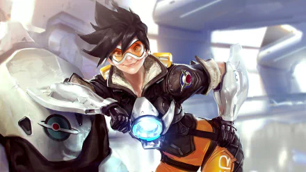 4K Ultra HD desktop wallpaper featuring Tracer from the video game Overwatch in a dynamic pose with futuristic background elements.