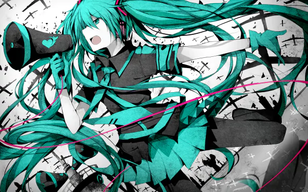 Hatsune Miku from Love is War (Vocaloid) in a dynamic anime-style HD desktop wallpaper with teal and black tones, featuring her iconic twin tails and megaphone.