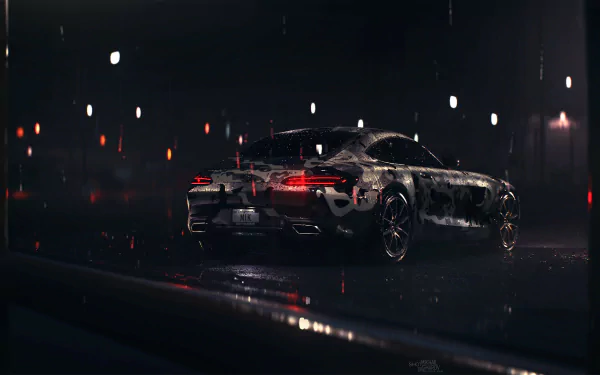 Rain-slicked rear of a sports car under neon lights — HD PC desktop wallpaper and background from the video game Need For Speed (2015).