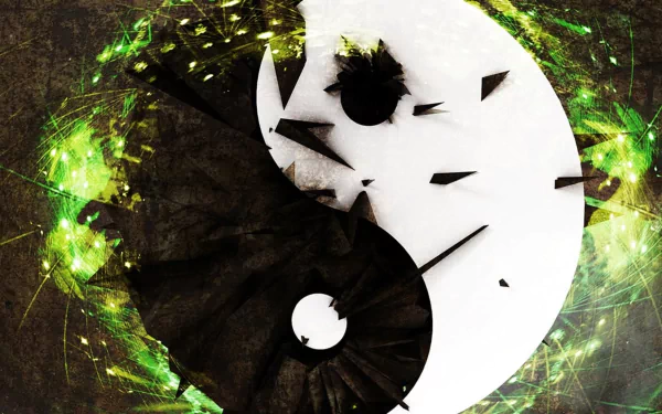 HD PC desktop wallpaper featuring a dynamic yin-yang design with abstract black and white elements, enhanced by vibrant green accents, inspired by music and W&W.