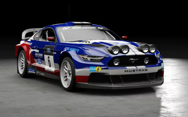 A vibrant 4K Ultra HD PC desktop wallpaper featuring a race-ready Mustang from Gran Turismo Sport, showcasing its striking design and powerful presence in a dark setting.
