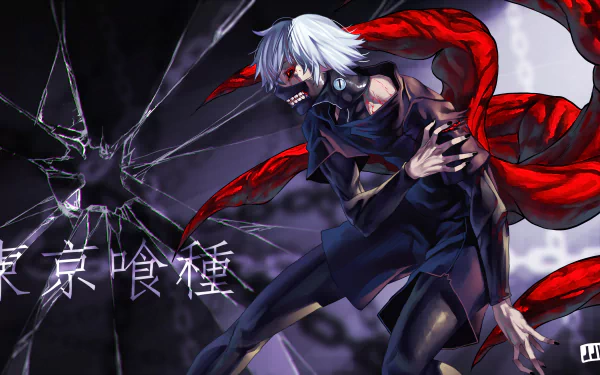 HD wallpaper featuring Ken Kaneki from Tokyo Ghoul in an intense pose with white hair, red kagune, and dark clothing against a shattered glass background with Japanese text.