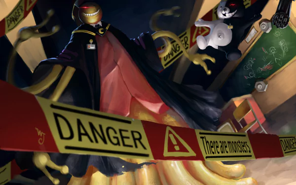 A dynamic crossover scene featuring Monokuma from Danganronpa and Koro-sensei from Assassination Classroom, set against a classroom backdrop with danger signs, creating an intriguing anime wallpaper.