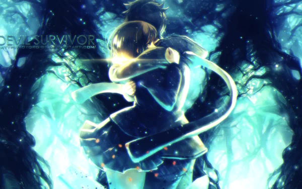 HD PC desktop wallpaper featuring an emotional scene from the anime Devil Survivor 2 The Animation with glowing blue and dark forest elements.