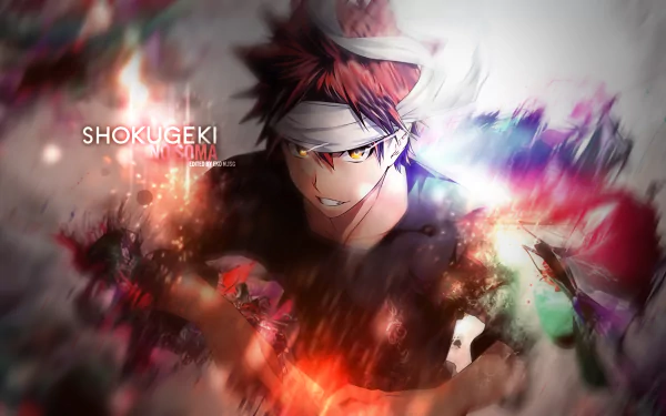 Sōma Yukihira from Food Wars: Shokugeki no Soma is featured in this vibrant HD wallpaper, showcasing his intense energy in a dynamic, colorful background.