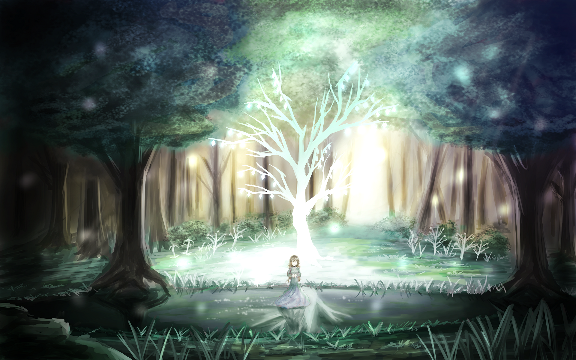 A serene anime scene in a vibrant forest, featuring a girl by a tranquil pond, illuminated by ethereal light and surrounded by lush greenery. A captivating HD desktop wallpaper.