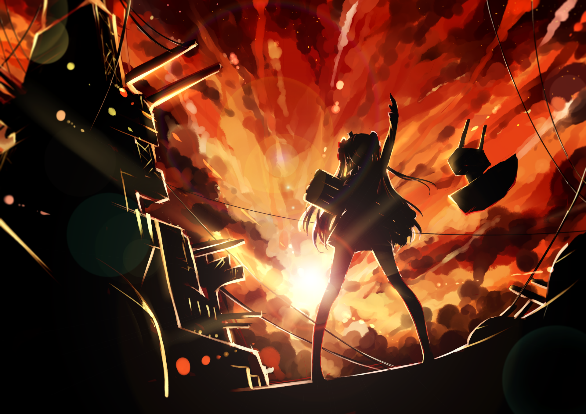 A dynamic HD wallpaper featuring Rensouhou-chan and Amatsukaze from Kantai Collection, set against a vibrant explosion backdrop, capturing an intense anime moment.