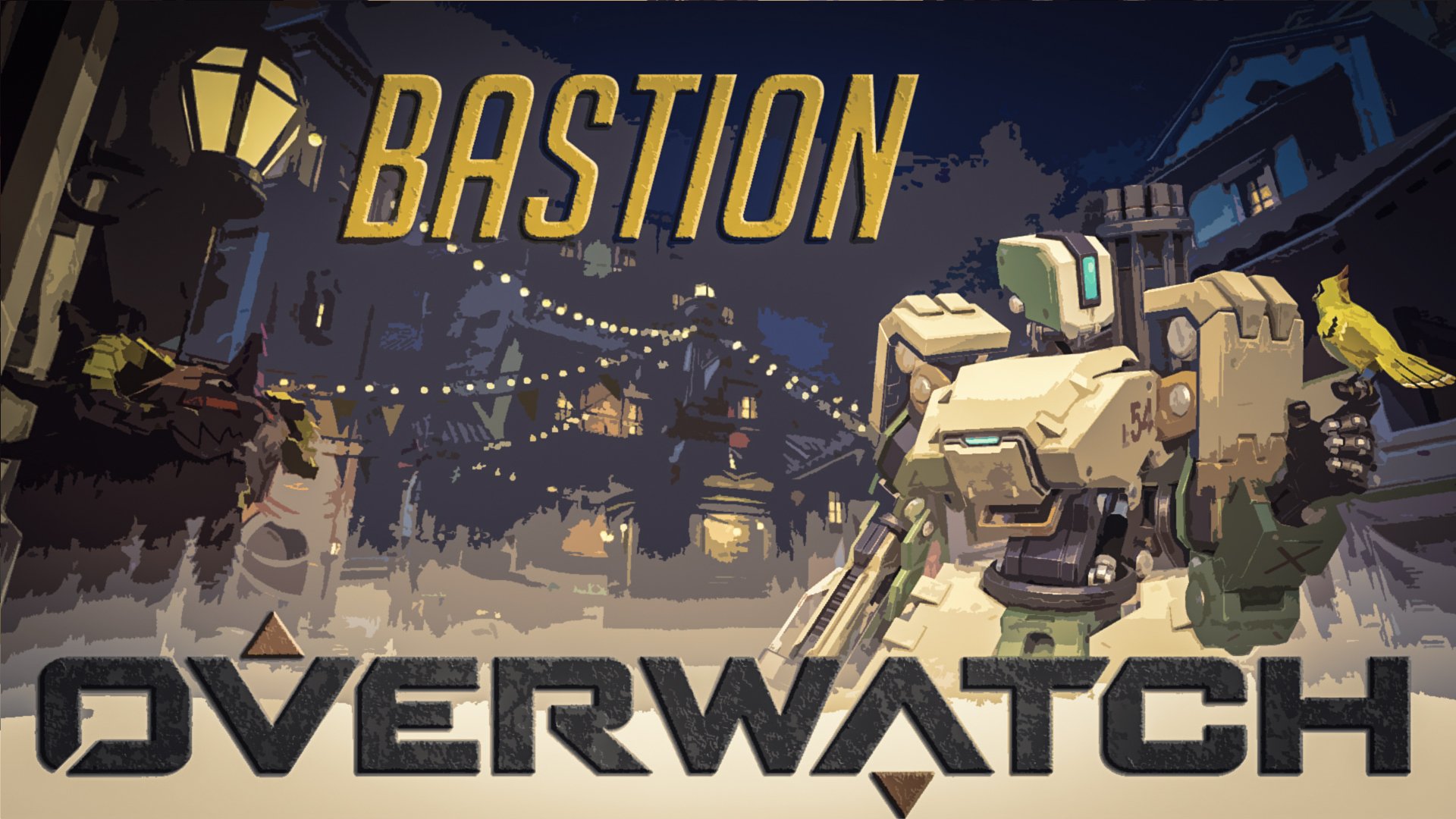 HD PC desktop wallpaper of Bastion (Overwatch) from the video game Overwatch: armored robot in turret pose on a festive nighttime street lit with string lights and the Overwatch logo.