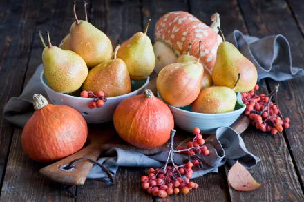HD PC desktop wallpaper still life of pears, small pumpkins and red berries on a rustic table — fruit, food, and Fruits & Vegetables background.
