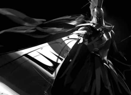 Black and white HD fantasy PC wallpaper depicting a knight warrior wielding a sword, embodying strength and mystery in a dramatic pose.