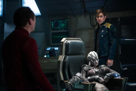 James T. Kirk and crew from Star Trek Beyond, featuring Chris Pine, Sofia Boutella, and Simon Pegg, in a 4K Ultra HD movie scene on a PC desktop wallpaper.