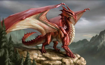 HD desktop wallpaper featuring a majestic, red-scaled dragon standing on a rocky cliff against a fantasy landscape with trees and mountains in the background.