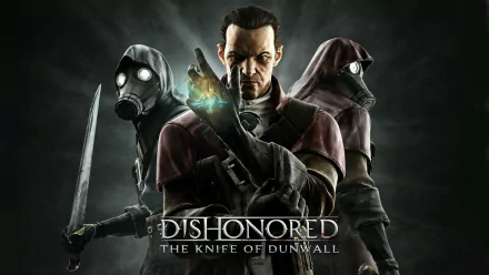 HD PC desktop wallpaper featuring characters from the video game Dishonored: The Knife of Dunwall, showcasing dark, stealthy figures and the game's title logo.
