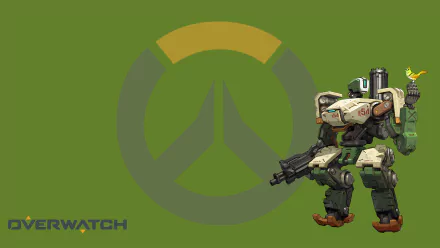 HD PC desktop wallpaper background: Bastion (Overwatch) robot at right on a green field with a faded Overwatch logo and video game Overwatch branding in the lower-left.
