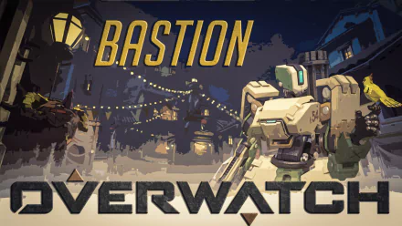 HD PC desktop wallpaper of Bastion (Overwatch) from the video game Overwatch: armored robot in turret pose on a festive nighttime street lit with string lights and the Overwatch logo.
