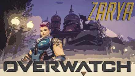 HD PC desktop wallpaper of Zarya from the video game Overwatch, posed before a purple cityscape with the Overwatch logo and her name.