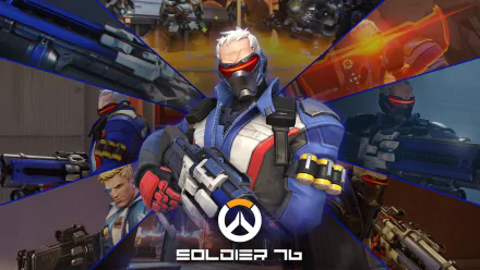A dynamic HD wallpaper featuring Soldier: 76 from Overwatch, showcasing various action poses and scenes from the game, with the Overwatch logo prominently displayed.
