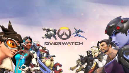 An HD desktop wallpaper featuring main characters from the video game Overwatch including Tracer, Reaper, Hanzo, Mercy, Winston, McCree, Torbjörn, Pharah, Soldier: 76, Junkrat, Widowmaker, and Symmetra.