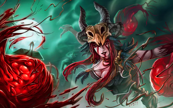 HD desktop wallpaper of Syndra from League of Legends as a red-haired woman warrior, surrounded by dark, mystical, and fiery elements.