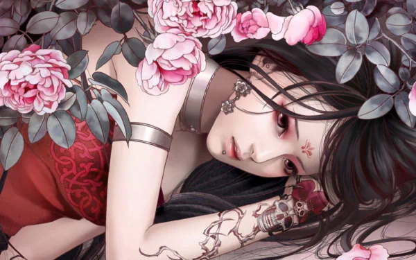 A visually captivating HD desktop wallpaper featuring an Asian character from JX Online, adorned with tattoos and surrounded by pink flowers, combining elements of elegance and fantasy.