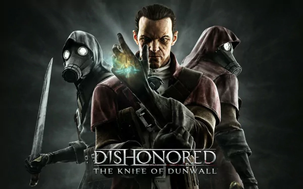 HD PC desktop wallpaper featuring characters from the video game Dishonored: The Knife of Dunwall, showcasing dark, stealthy figures and the game's title logo.