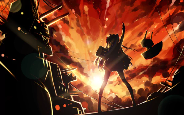 A dynamic HD wallpaper featuring Rensouhou-chan and Amatsukaze from Kantai Collection, set against a vibrant explosion backdrop, capturing an intense anime moment.