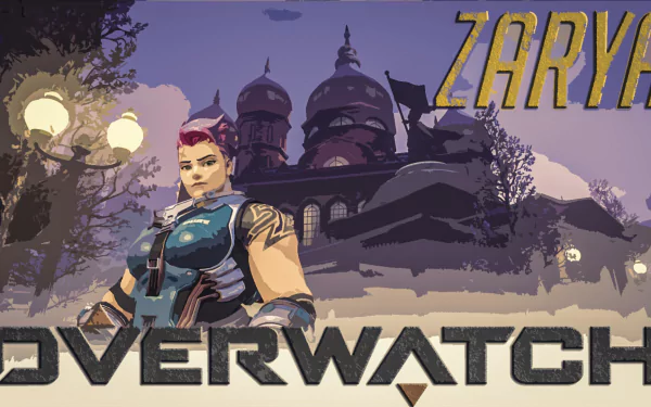 HD PC desktop wallpaper of Zarya from the video game Overwatch, posed before a purple cityscape with the Overwatch logo and her name.