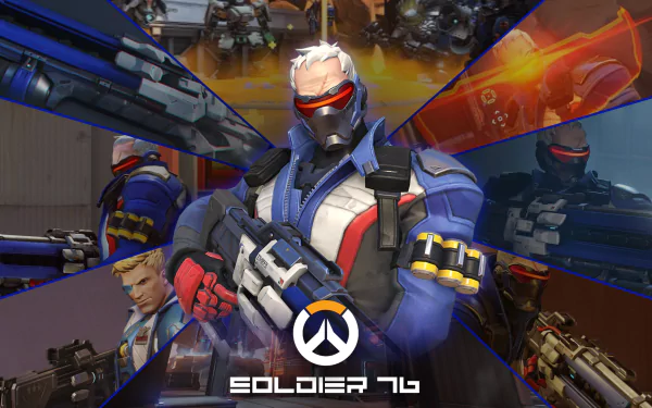 A dynamic HD wallpaper featuring Soldier: 76 from Overwatch, showcasing various action poses and scenes from the game, with the Overwatch logo prominently displayed.