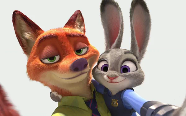 Nick Wilde and Judy Hopps from the movie Zootopia share a playful selfie, showcasing their friendship in this vibrant HD desktop wallpaper and background.