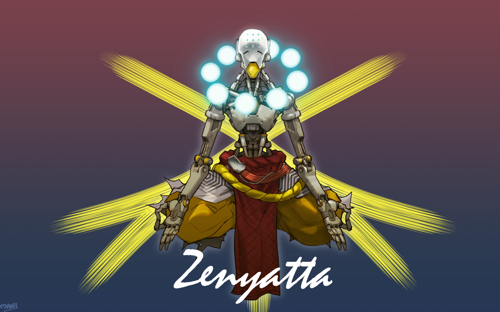 HD PC desktop wallpaper featuring Zenyatta from the video game Overwatch, depicted levitating with glowing orbs and a serene pose against a gradient background.