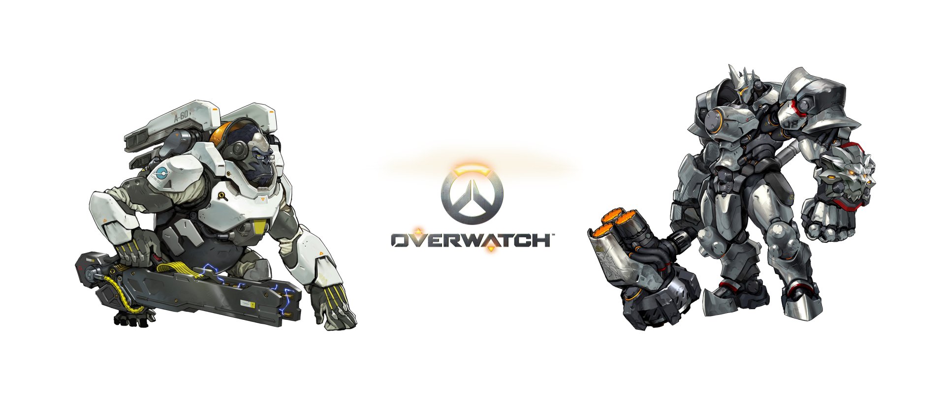 2K Quad HD PC desktop wallpaper of Overwatch: centered logo with armored Winston (left) and Reinhardt (right) in stylized video game art.