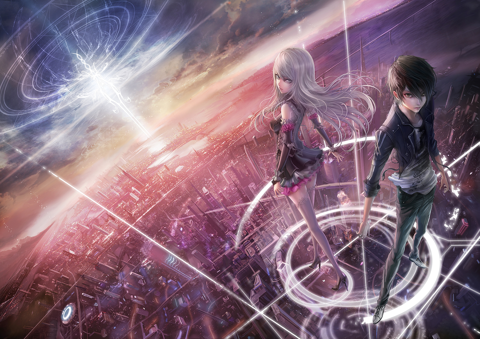 A vibrant anime HD desktop wallpaper featuring two characters standing amidst a futuristic cityscape, with glowing lines and a radiant light in the background.