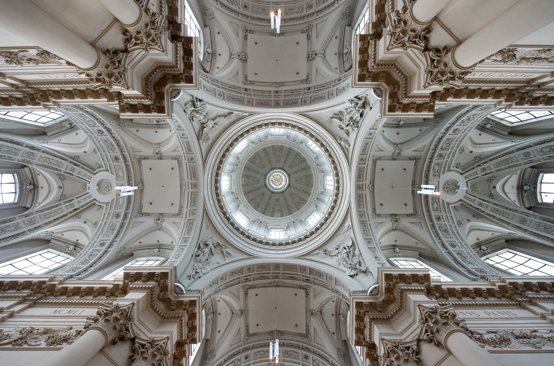 Interior view of the ornate dome and ceiling of St Aubin's Cathedral in Namur, Belgium, captured in stunning 4K Ultra HD detail.