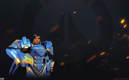 HD PC desktop wallpaper of Pharah (Overwatch) in blue armor against a dark Overwatch emblem with glowing embers — video game background