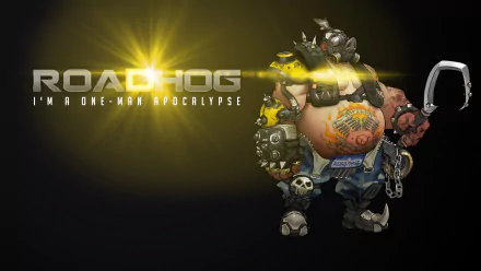 HD PC desktop wallpaper featuring Roadhog, a character from the video game Overwatch, with a dark background and bright light effect highlighting the text and character.