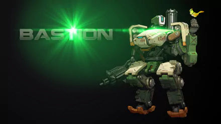 A vibrant HD desktop wallpaper featuring Bastion from Overwatch, showcasing the character with a striking green light effect and the name BASTION prominently displayed.