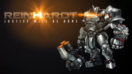 Reinhardt from Overwatch stands confidently, showcasing his powerful suit and hammer against a dramatic backdrop. The text Justice Will Be Done highlights his heroic essence in this HD wallpaper.