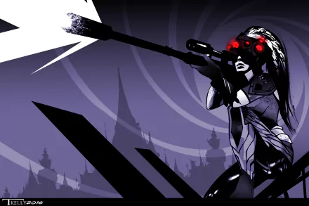 A dynamic digital artwork featuring Widowmaker from Overwatch, showcasing her in an action pose with a sniper rifle against a stylized purple background.