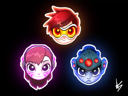 Chibi-style HD wallpaper featuring D.Va, Tracer, and Widowmaker from Overwatch, set against a dark background.