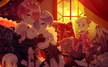 A cozy, HD desktop wallpaper featuring anime characters from Re:Zero - Ram and Rem embracing, Emilia with blue hair and eyes, and Beatrice in the background with warm, ambient lighting.