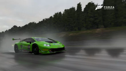 HD PC desktop wallpaper and background from the video game Forza Motorsport 6: green GT race car sliding across a wet track, motion blur and tree-lined backdrop with the Forza logo.