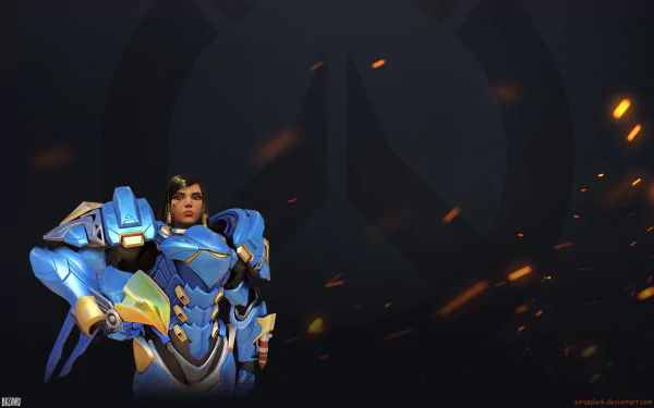 HD PC desktop wallpaper of Pharah (Overwatch) in blue armor against a dark Overwatch emblem with glowing embers — video game background