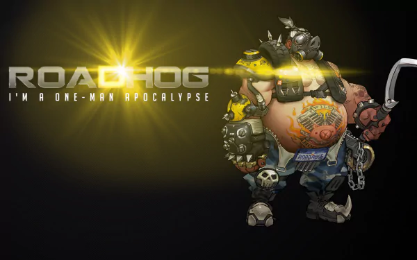 HD PC desktop wallpaper featuring Roadhog, a character from the video game Overwatch, with a dark background and bright light effect highlighting the text and character.