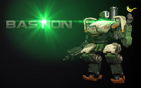 A vibrant HD desktop wallpaper featuring Bastion from Overwatch, showcasing the character with a striking green light effect and the name BASTION prominently displayed.