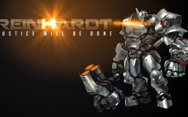 Reinhardt from Overwatch stands confidently, showcasing his powerful suit and hammer against a dramatic backdrop. The text Justice Will Be Done highlights his heroic essence in this HD wallpaper.