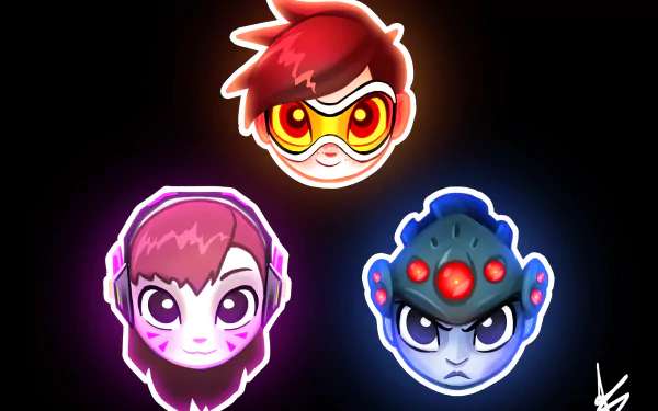 Chibi-style HD wallpaper featuring D.Va, Tracer, and Widowmaker from Overwatch, set against a dark background.